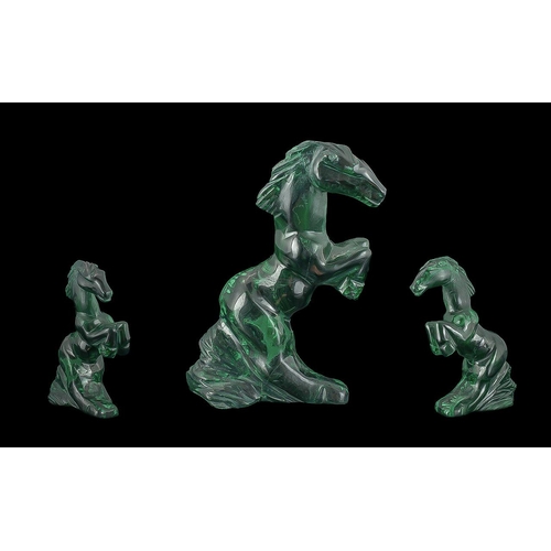 496 - Genuine Malachite Horse Carving, this beautiful hand-carved malachite rearing horse stands easily on... 