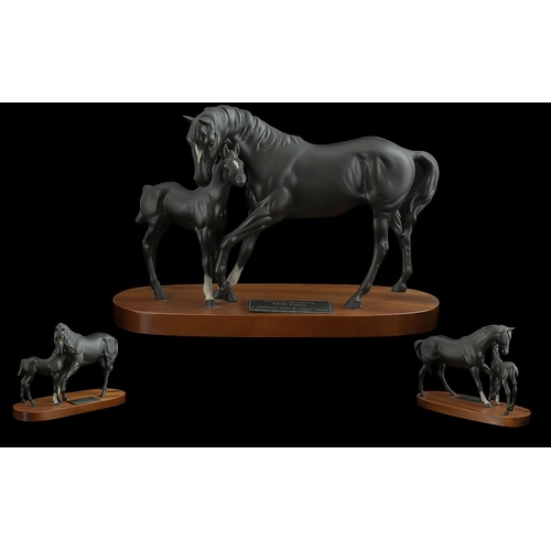 534 - Beswick Hand Painted Horse Figure - 'Black Beauty And Foal' Raised On Wooden Plinth. Designer Graham... 