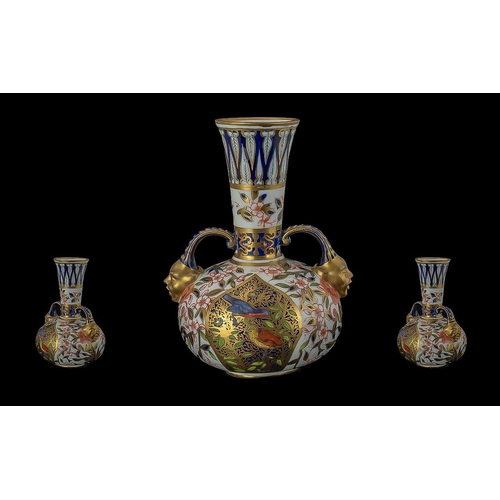 550 - Crown Derby Bud Vase, circa 1880, twin handled with gold masks to base of handles, with painted pane... 