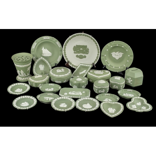 578 - Collection of Wedgwood Green Jasperware Items, comprising trinket boxes, vases, pin dishes, wall pla... 