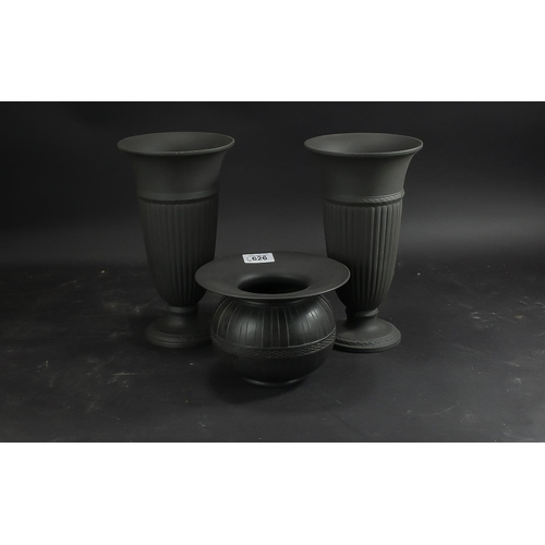 626 - Wedgwood Black Basalt Pair of Vases, traditional style 10'' tall, together with a ball shaped vase.