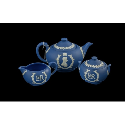 627 - Wedgwood Dark Blue Teapot, Milk Jug and Lidded Sugar Bowl.  Classical design.