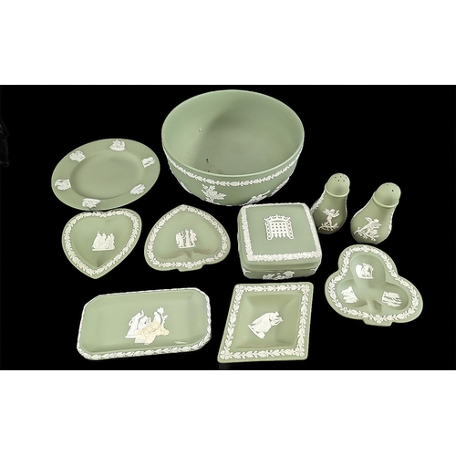 637 - Collection of Wedgwood Green Jasper, including a large fruit bowl, plate, salt and pepper pots,  lid... 