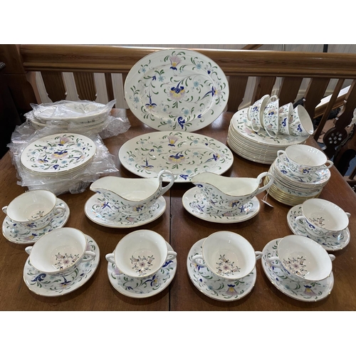 653 - Coalport Bone China Dinner Service, comprising two large meat platters, twelve large dinner plates, ... 