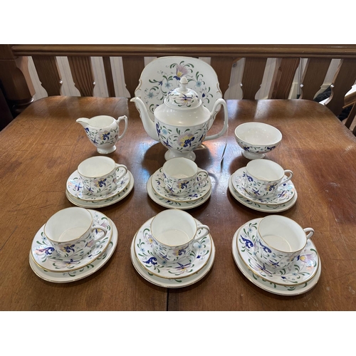 654 - Coalport Bone China Tea Service, comprising Tea Pot, milk jug, sugar bowl, six cups, six saucers, 6 ... 