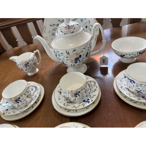 654 - Coalport Bone China Tea Service, comprising Tea Pot, milk jug, sugar bowl, six cups, six saucers, 6 ... 