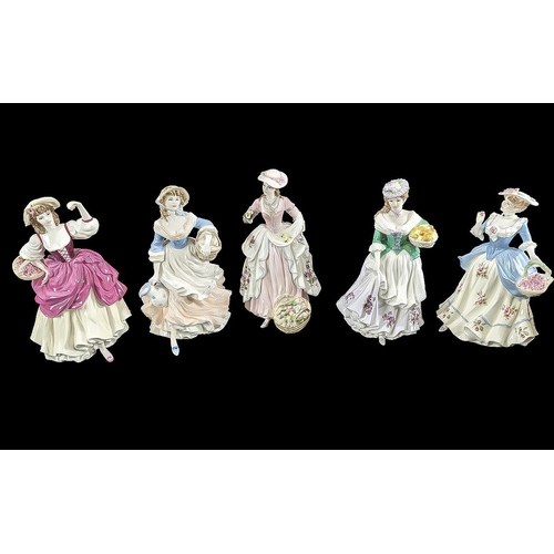 660 - Five Coalport Figures comprising Milkmaid sculpted by J Bromley, Oranges & Lemons, Ripe Cherries Rip... 