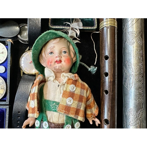 1365 - An Assortment of Collectables to include a vintage clarinet, an old doll,a vintage tape measure, odd... 