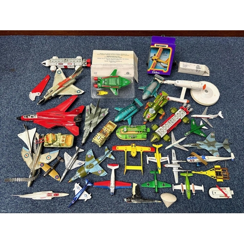 1492 - Box of Assorted Die Cast Models,  including Dinky, Matchbox, aircraft, space items, Blake Seven, hov... 