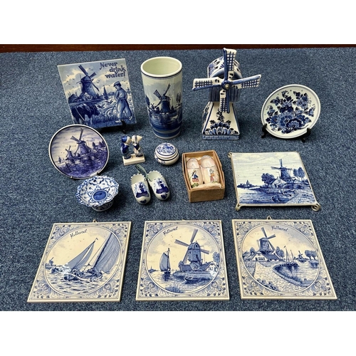 715 - Collection of Delft Dutch Blue & White Pottery, including a large windmill, vase, clogs, trinket box... 