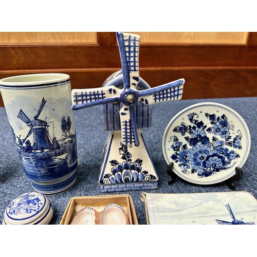 715 - Collection of Delft Dutch Blue & White Pottery, including a large windmill, vase, clogs, trinket box... 