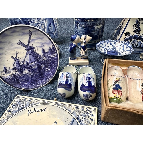 715 - Collection of Delft Dutch Blue & White Pottery, including a large windmill, vase, clogs, trinket box... 