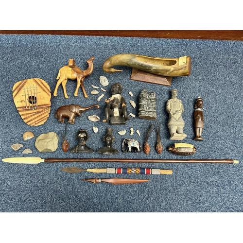 845 - Collection of Tribal Items, including a finger piano, flint axe head, horn, carved figures, bone hea... 