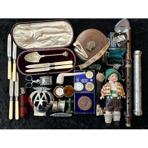 1365 - An Assortment of Collectables to include a vintage clarinet, an old doll,a vintage tape measure, odd... 