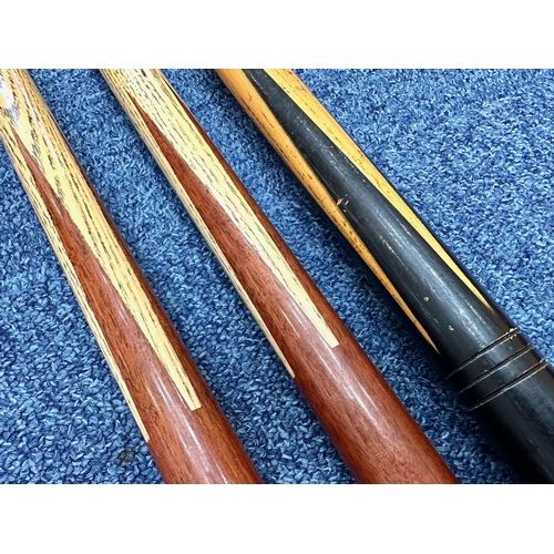 1469 - Two One Piece Snooker Cues, Brittania Cues England.  Together with a early 20th century Spider.