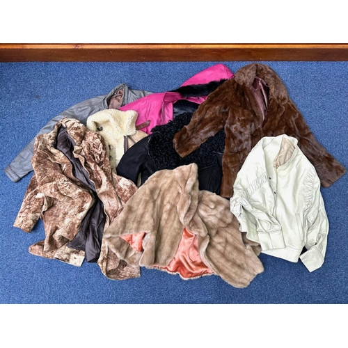 1551 - Collection of Coats, to include a grey leather bomber jacket, sheepskin jacket 42'', black sheepskin... 