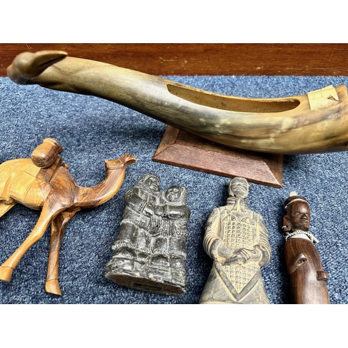 845 - Collection of Tribal Items, including a finger piano, flint axe head, horn, carved figures, bone hea... 