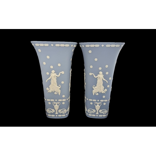 625 - Pair of Wedgwood Vases, 12'' high, Pale Blue Jasper traditional classical pattern of figures and vas... 