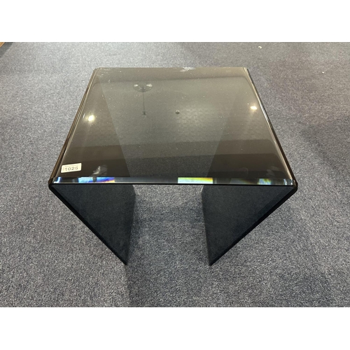 1026 - Modern Design Glass Coffee Table, dark purple colour, top measures 19'' x 20'', height 20''.  Two so... 