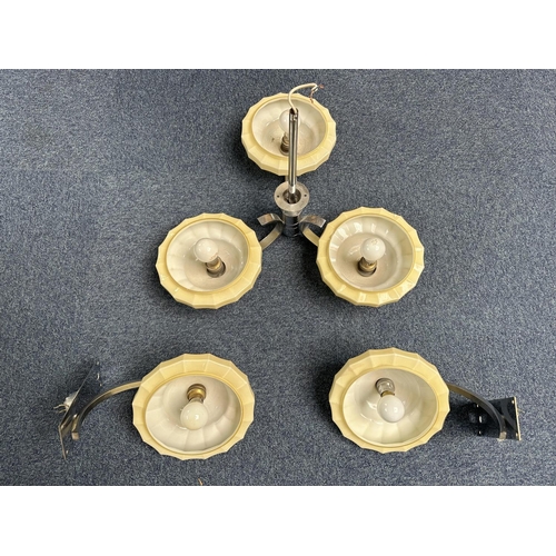 1034 - Vintage Central Light Fitting with Matching Wall Lights, central light with three cream shades and c... 