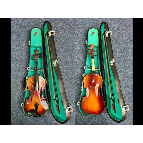 1108 - Violin in Fitted Case, with bow. Maker's Label Lark to interior.  Length 22.5''.