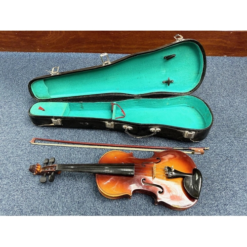 1108 - Violin in Fitted Case, with bow. Maker's Label Lark to interior.  Length 22.5''.