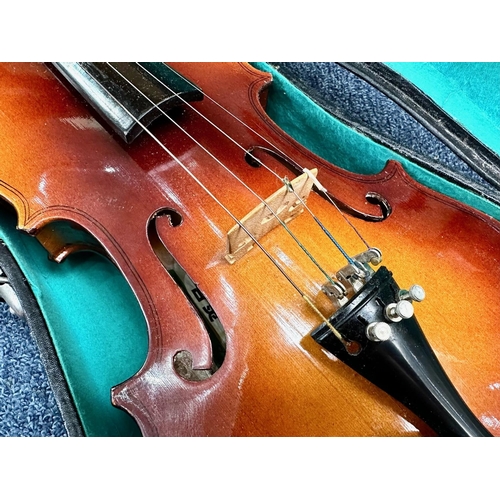 1108 - Violin in Fitted Case, with bow. Maker's Label Lark to interior.  Length 22.5''.