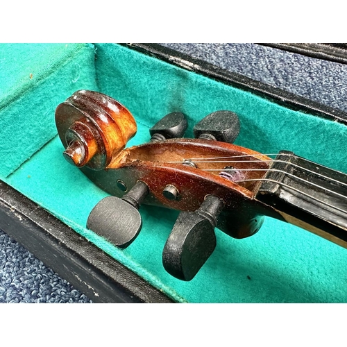 1108 - Violin in Fitted Case, with bow. Maker's Label Lark to interior.  Length 22.5''.