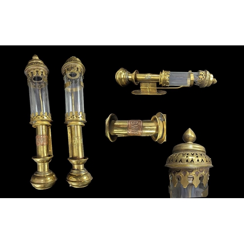 1234 - Pair of Brass GWR Oil Wall Lights, good condition, measures 14'' high.