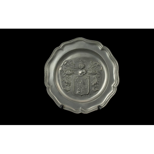 1295 - Vintage French Pewter Wall Plate with Coat of Arms. Label to reverse reads Maison Fuger Objets D'Art... 