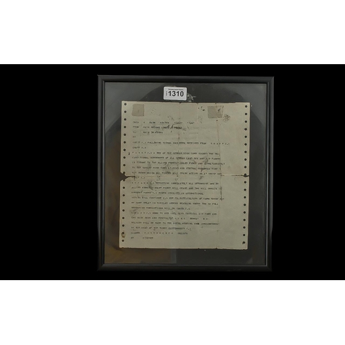 1310 - Military Interest - Framed Telex on the Surrender of Germany During The Second World War.  This inte... 