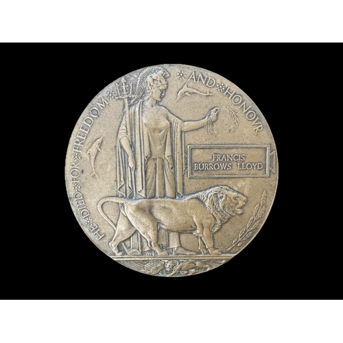 1315 - WWI Death Plaque awarded to Francis Burrows Lloyd.