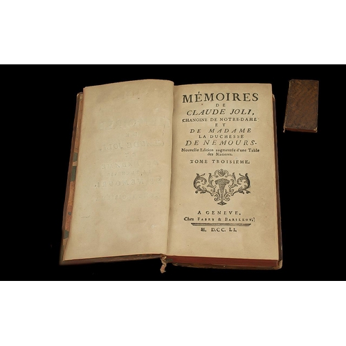 1357 - French Small Hardback Book dated 1751 entitled 'Memoires de Claude Joli Chanione De Notre Dame et De... 