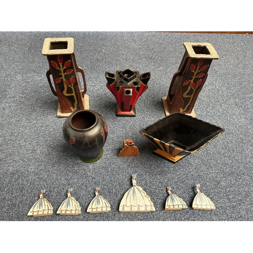 1404 - Box of Painted Wooden Ornaments, including Deco style black and orange diamond vase No. 893, two tal... 