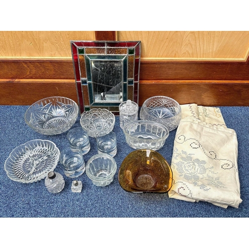 1408 - Collection of Vintage Glassware, including jelly moulds, stained glass edged mirror, bowls, lidded p... 