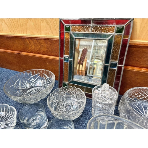 1408 - Collection of Vintage Glassware, including jelly moulds, stained glass edged mirror, bowls, lidded p... 