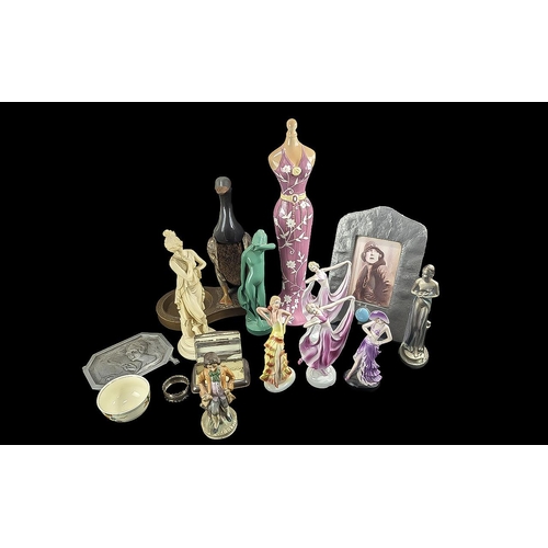 1409 - Box of Collectibles, including a vintage duck stand clothes brush, 8 porcelain figurines, pewter pic... 