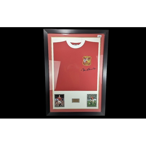 1422 - Football Interest - Framed Bobby Charlton Signed Shirt, measures 35'' x 24''.  Brass plaque inscribe... 