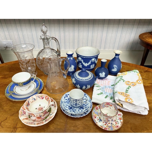 1431 - A Collection of Jasper Ware blue Wedgwood, Austrian cups and saucers, decanter, glass vase etc