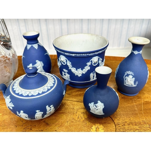 1431 - A Collection of Jasper Ware blue Wedgwood, Austrian cups and saucers, decanter, glass vase etc