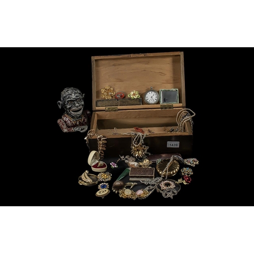 1439 - Box of Costume Jewellery & Collectibles, including 'Jolly Boy' metal savings bank, vintage boxed raz... 