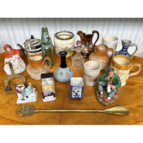 1445 - Box of Assorted Pottery, to include a tankard, various jugs, vase, teapot, old glass bottles, figuri... 