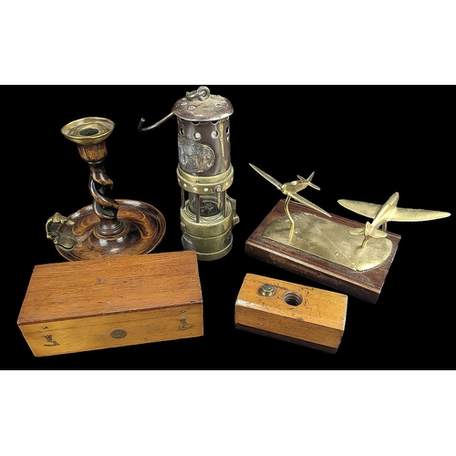 1449 - Box of Collectibles, including a brass desk aeroplane, small brass oil lamp No. 46, wooden twist can... 