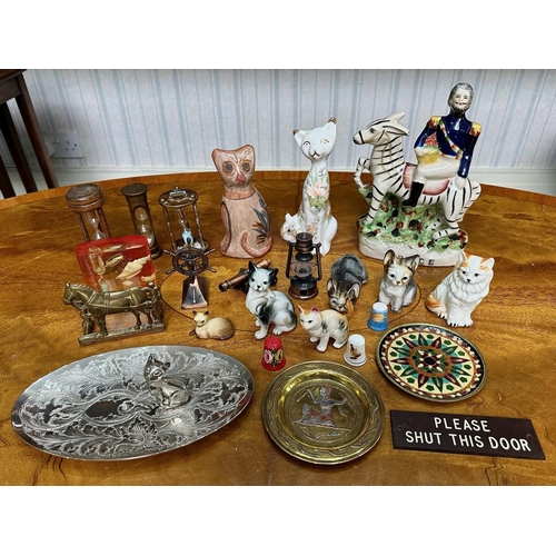 1465 - Box of Mixed Collectibles, including eight cat figures of various shapes and sizes, three novelty pe... 