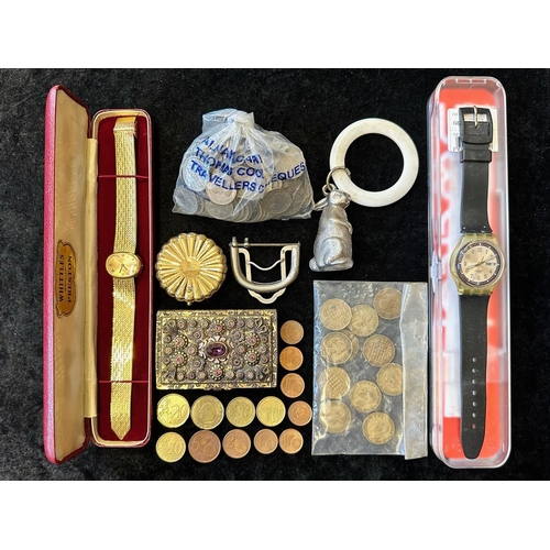 1480 - Box of Collectible Items, comprising a Swatch watch, in original case, a Whittles Swiss ladies brace... 