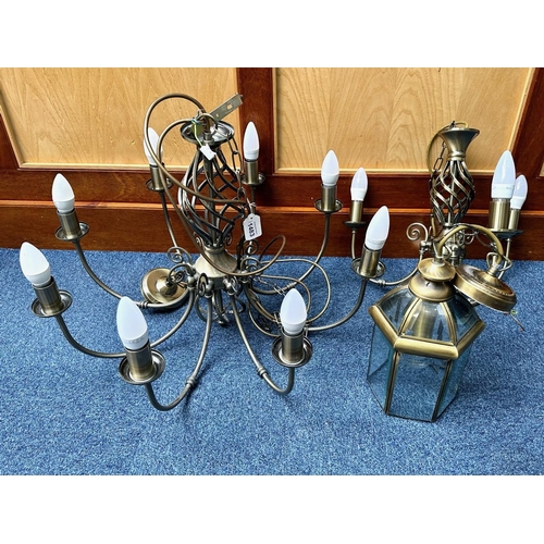 1483 - Three Light Fittings comprising a seven branch and a three branch in brushed steel effect and a bras... 