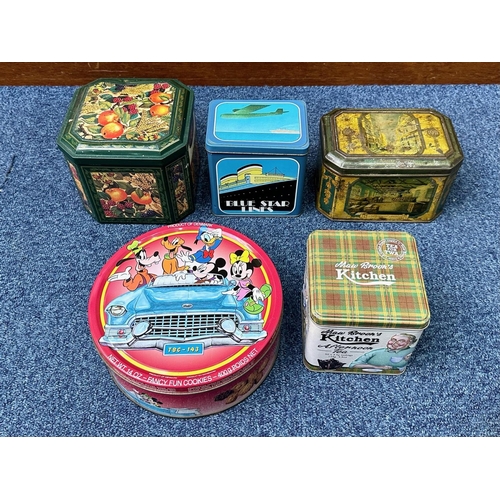 1499 - Five Advertising Tins, including a Jubilee Year 1931 tin, Mickey Mouse tin, 1990s biscuit tin, Ma Br... 