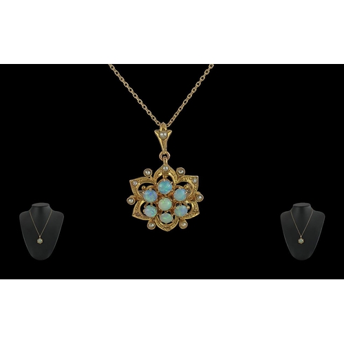 15 - Edwardian Period 1901- 1910 pleasing 9ct gold opals and seed pearls set pendant / brooch, excellent ... 