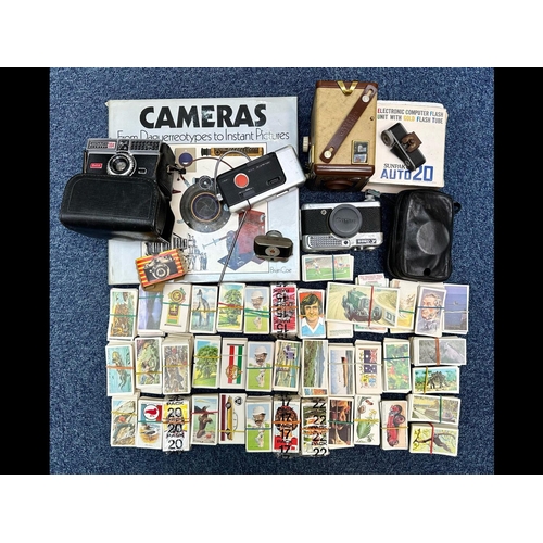 1605 - A Collection of Cameras and Cigarette Cards cameras to include Brownie, Kodak, Canon, Polaroid insta... 