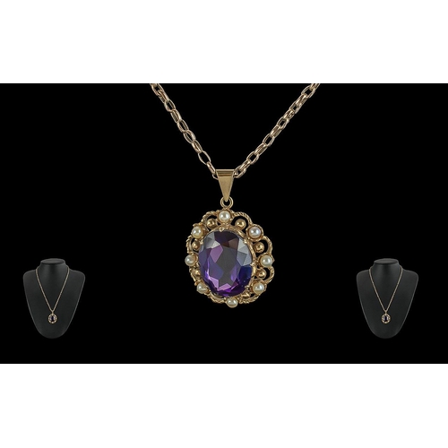 20 - Antique period - fine 9ct gold amethyst and seed pearl set pendant with 9ct gold attached belcher ch... 